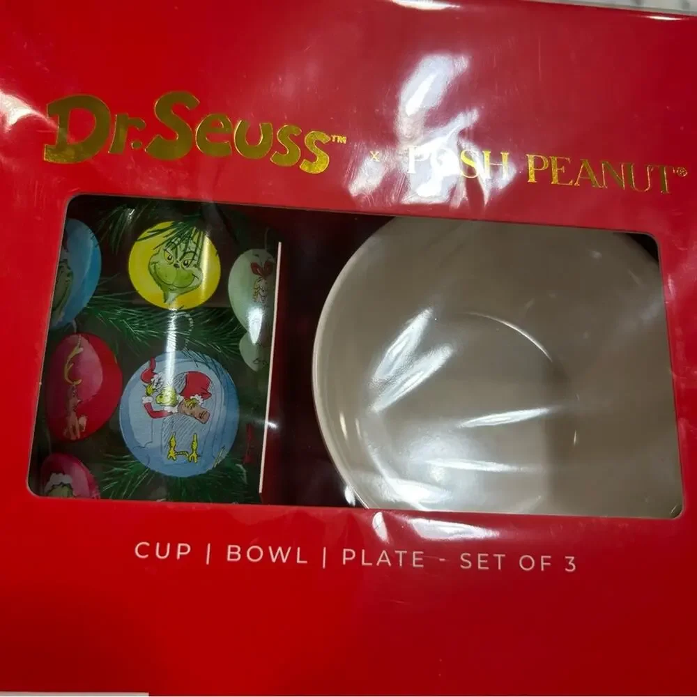 New in Box Posh Peanut X The Grinch Dr.Seuss 3‎ Piece Cup Bowl Plate Set